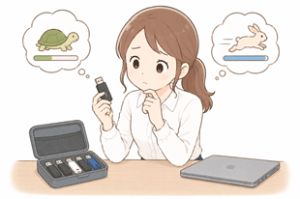 スティック型SSDのコピー速度に疑問がある女性