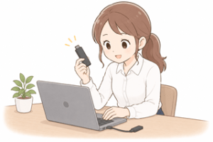 スティック型SSDを持つ女性のイラスト