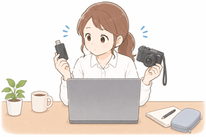 デジカメとSDカードリーダーを見比べる女性